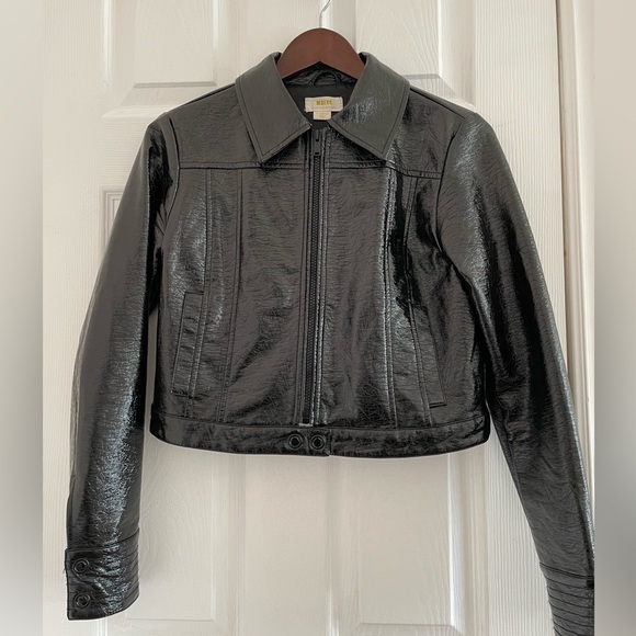 Maeve Crinkle Faux Leather Black Moto Jacket EUC - Picture 2 of 8